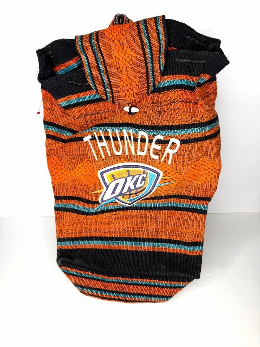 OKC Thunder Orange Striped Knit Hoodie woven serape-style drawstring backpack.